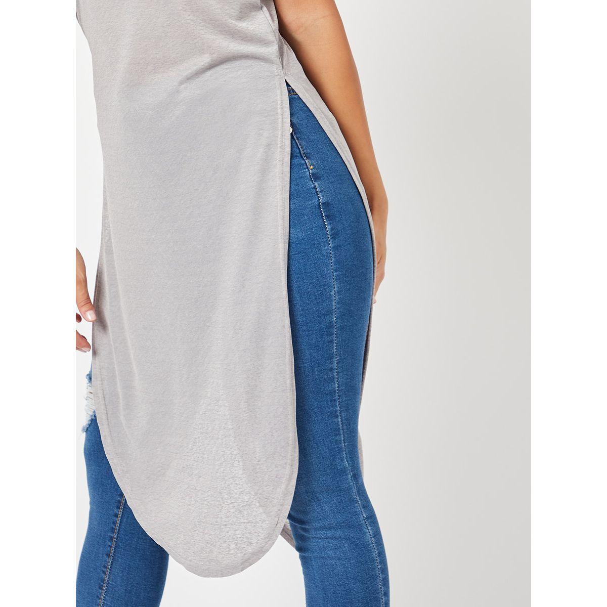 Styli Raglan Sleeves Longline Slub T-shirt with Side Slit Hem-women-clothing-tshirts-image-3