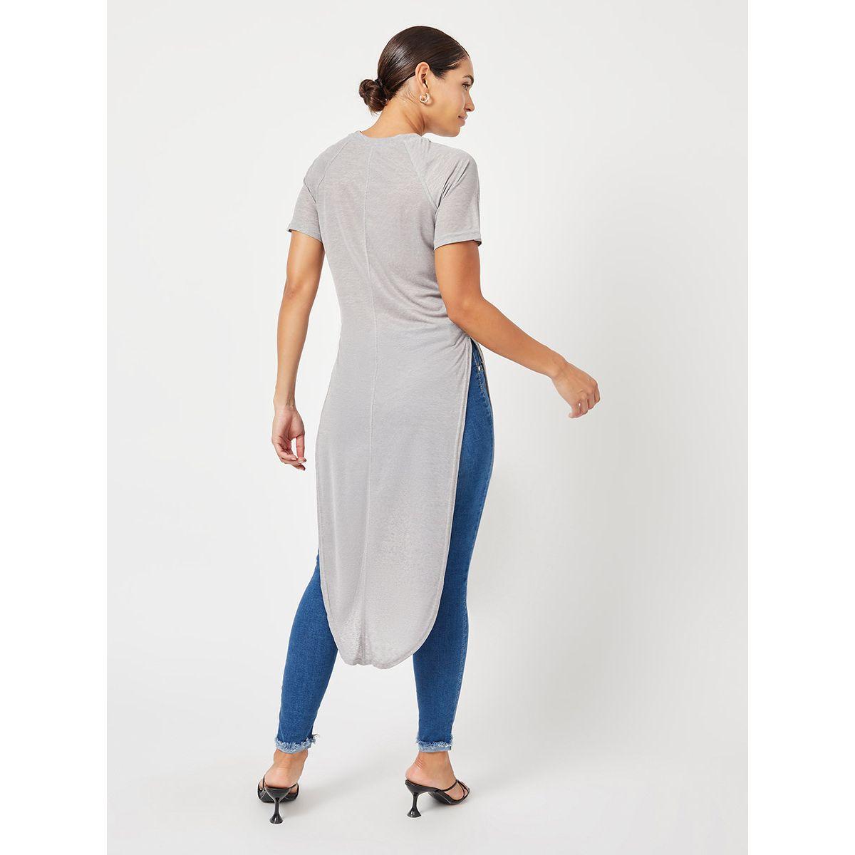 Styli Raglan Sleeves Longline Slub T-shirt with Side Slit Hem-women-clothing-tshirts-image-4