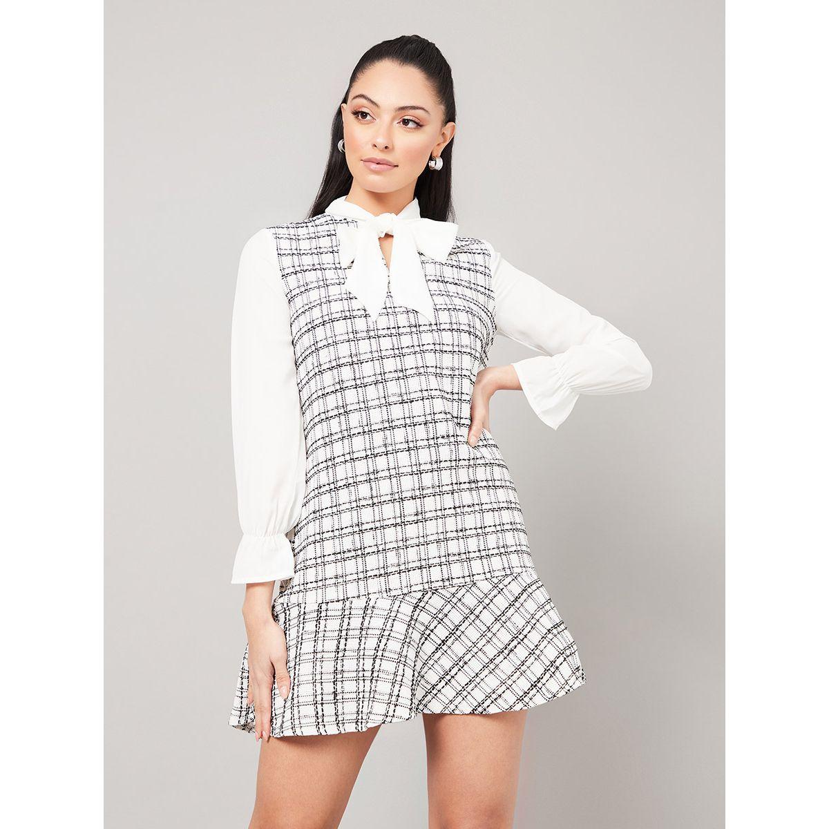 Styli Long Sleeves Pussybow Neck Window Pane Checked Mini Dress-women-clothing-dresses-image-1