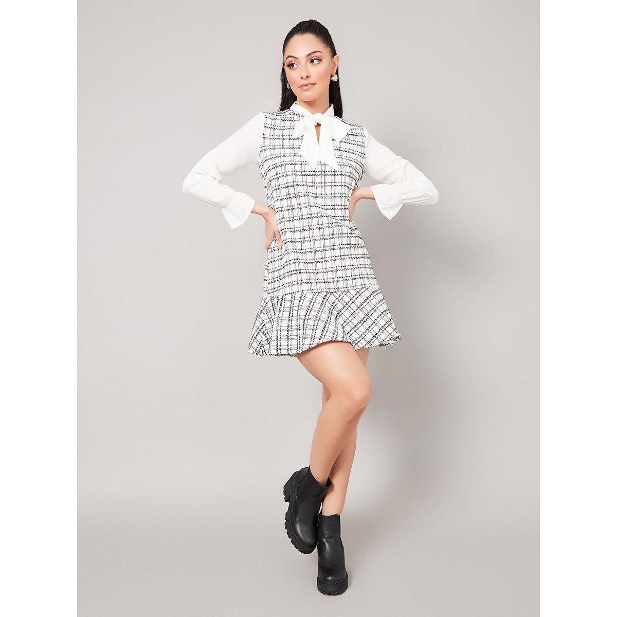 Styli Long Sleeves Pussybow Neck Window Pane Checked Mini Dress-women-clothing-dresses-image-2