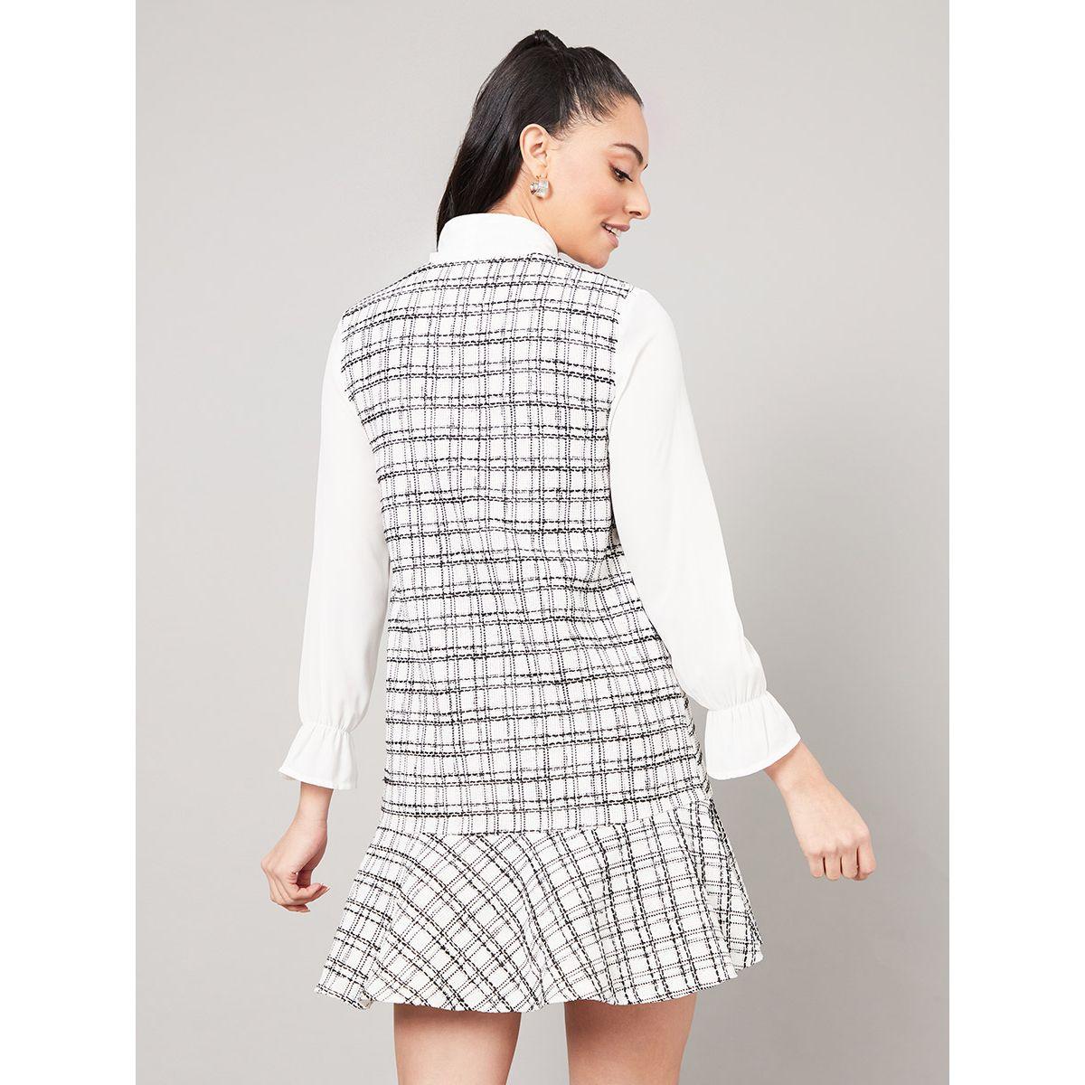 Styli Long Sleeves Pussybow Neck Window Pane Checked Mini Dress-women-clothing-dresses-image-4