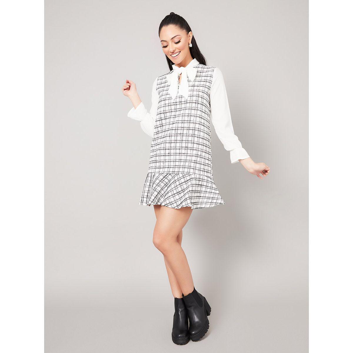 Styli Long Sleeves Pussybow Neck Window Pane Checked Mini Dress-women-clothing-dresses-image-5