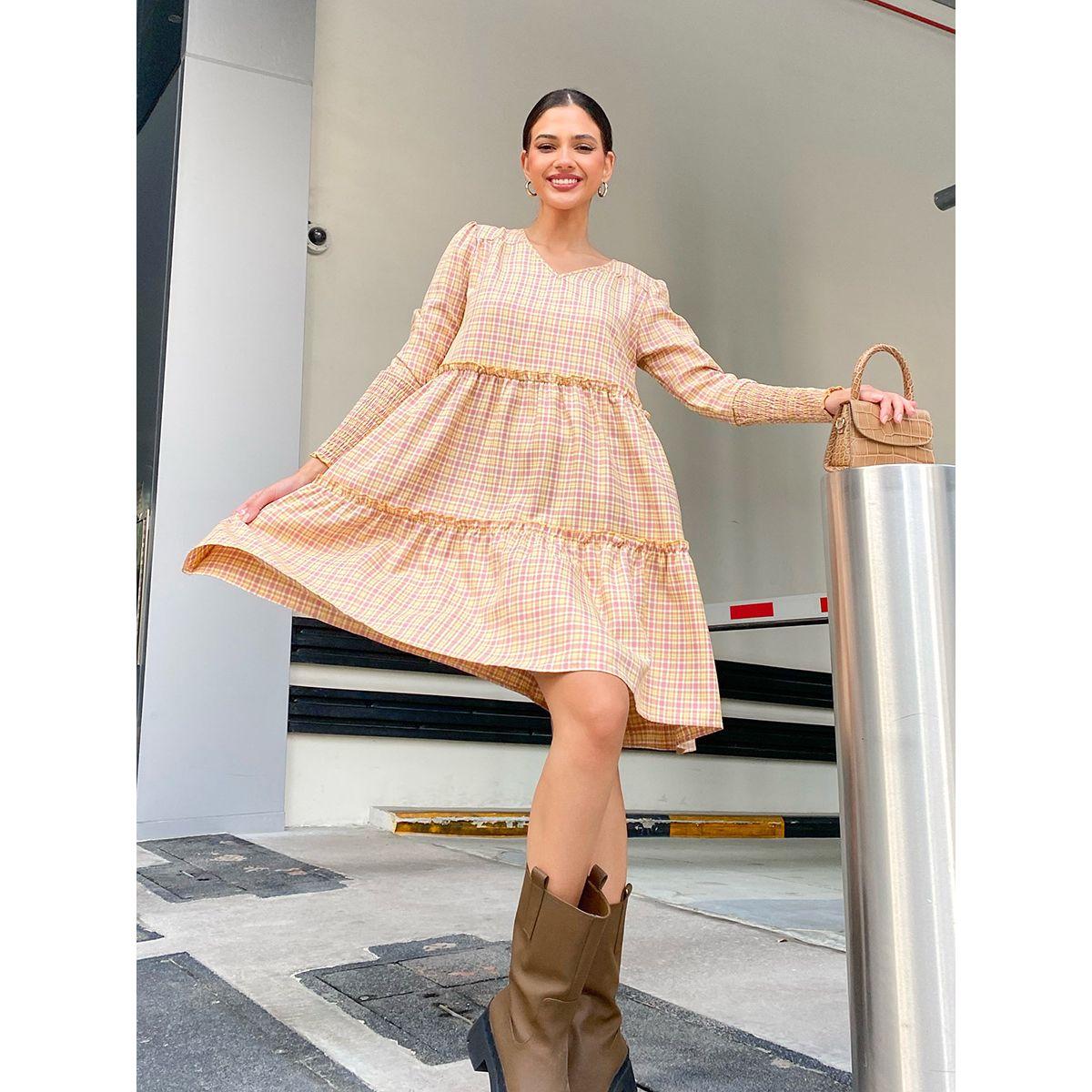 Styli Shirred Cuff Long Sleeves Checked Smock Knee length Dress-women-clothing-dresses-image-1