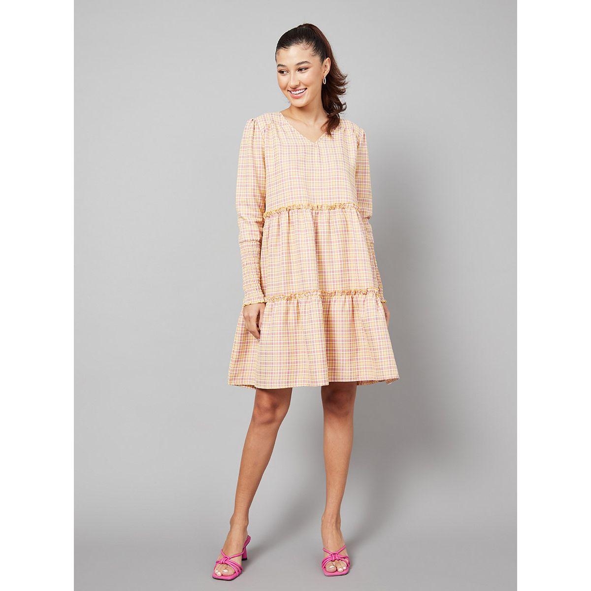 Styli Shirred Cuff Long Sleeves Checked Smock Knee length Dress-women-clothing-dresses-image-2