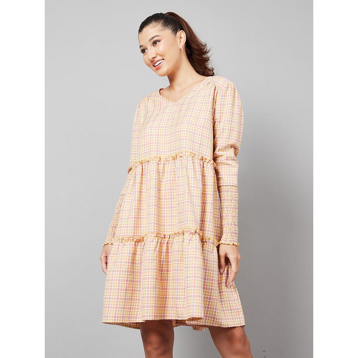 Styli Shirred Cuff Long Sleeves Checked Smock Knee length Dress-women-clothing-dresses-image-3