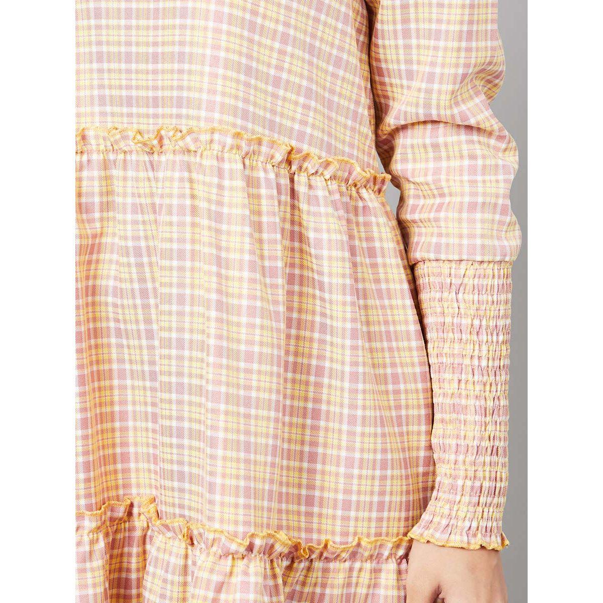 Styli Shirred Cuff Long Sleeves Checked Smock Knee length Dress-women-clothing-dresses-image-4