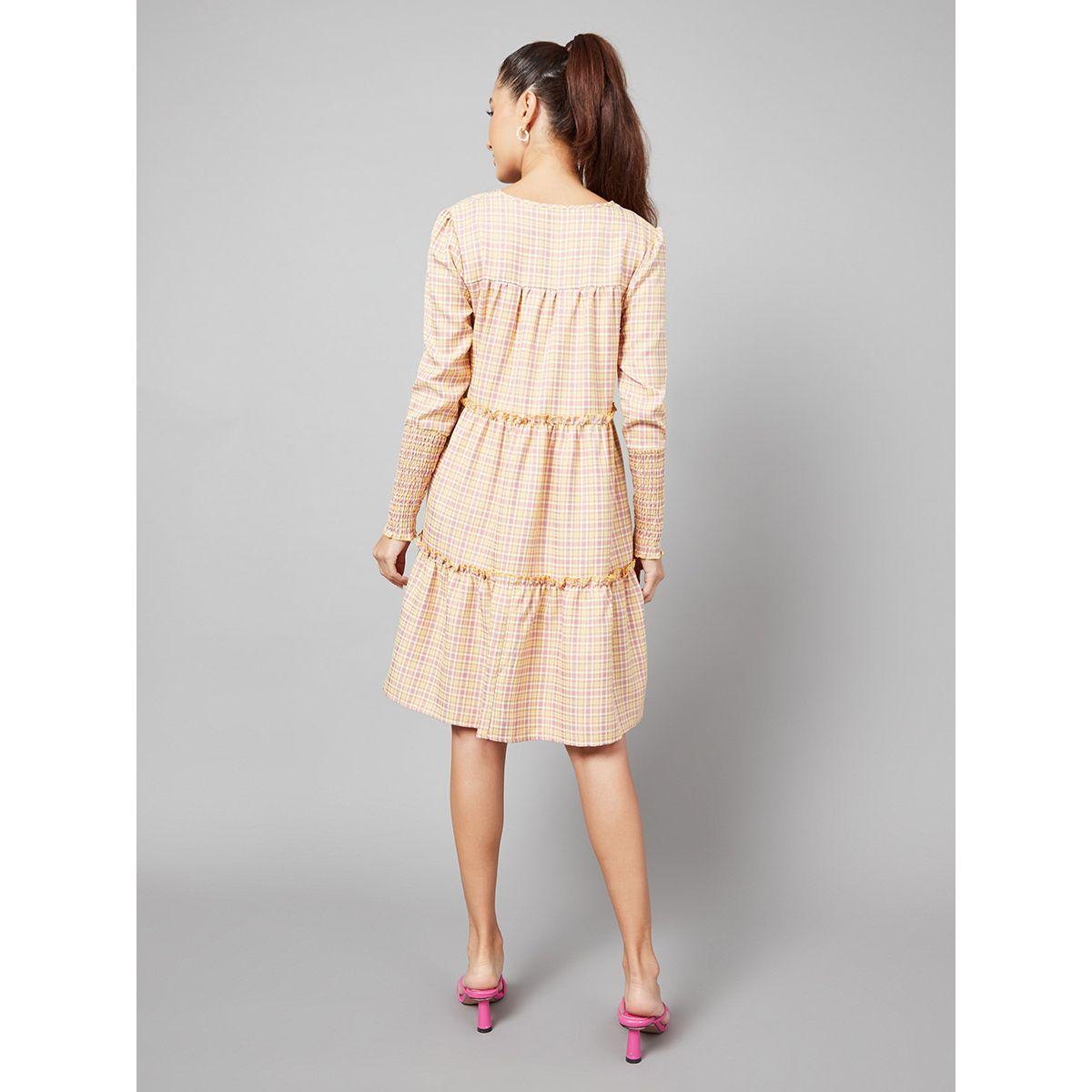 Styli Shirred Cuff Long Sleeves Checked Smock Knee length Dress-women-clothing-dresses-image-5