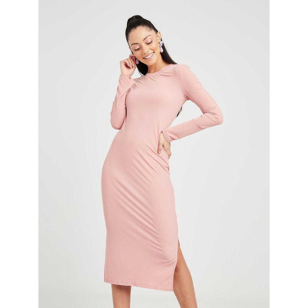 Styli Long Sleeves Split Hem Detail Knit Bodycon Midi Dress-women-clothing-dresses-image-1
