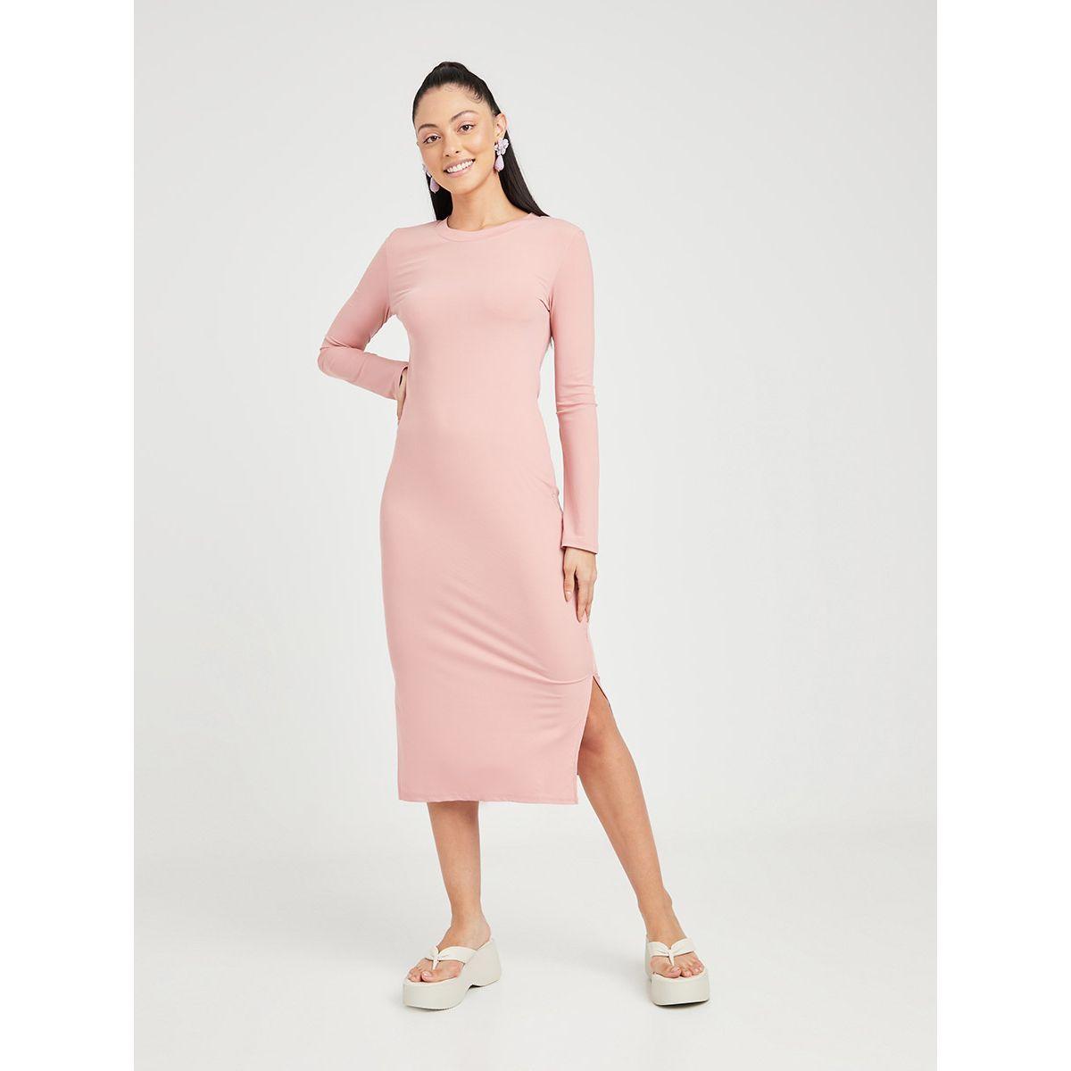 Styli Long Sleeves Split Hem Detail Knit Bodycon Midi Dress-women-clothing-dresses-image-2