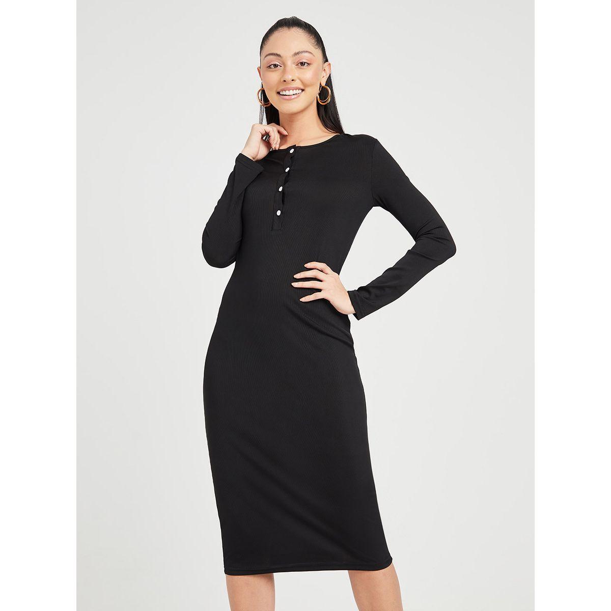 Styli Long Sleeves Knit Bodycon Midi Dress with Button Detail-women-clothing-dresses-image-1
