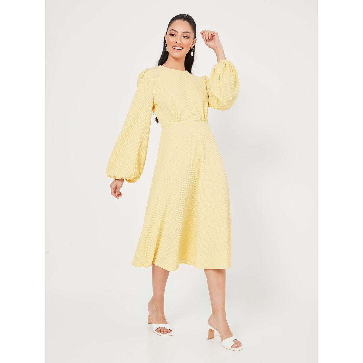Styli Balloon Sleeves Round Neck Textured A-Line Midi Dress-women-clothing-dresses-image-1