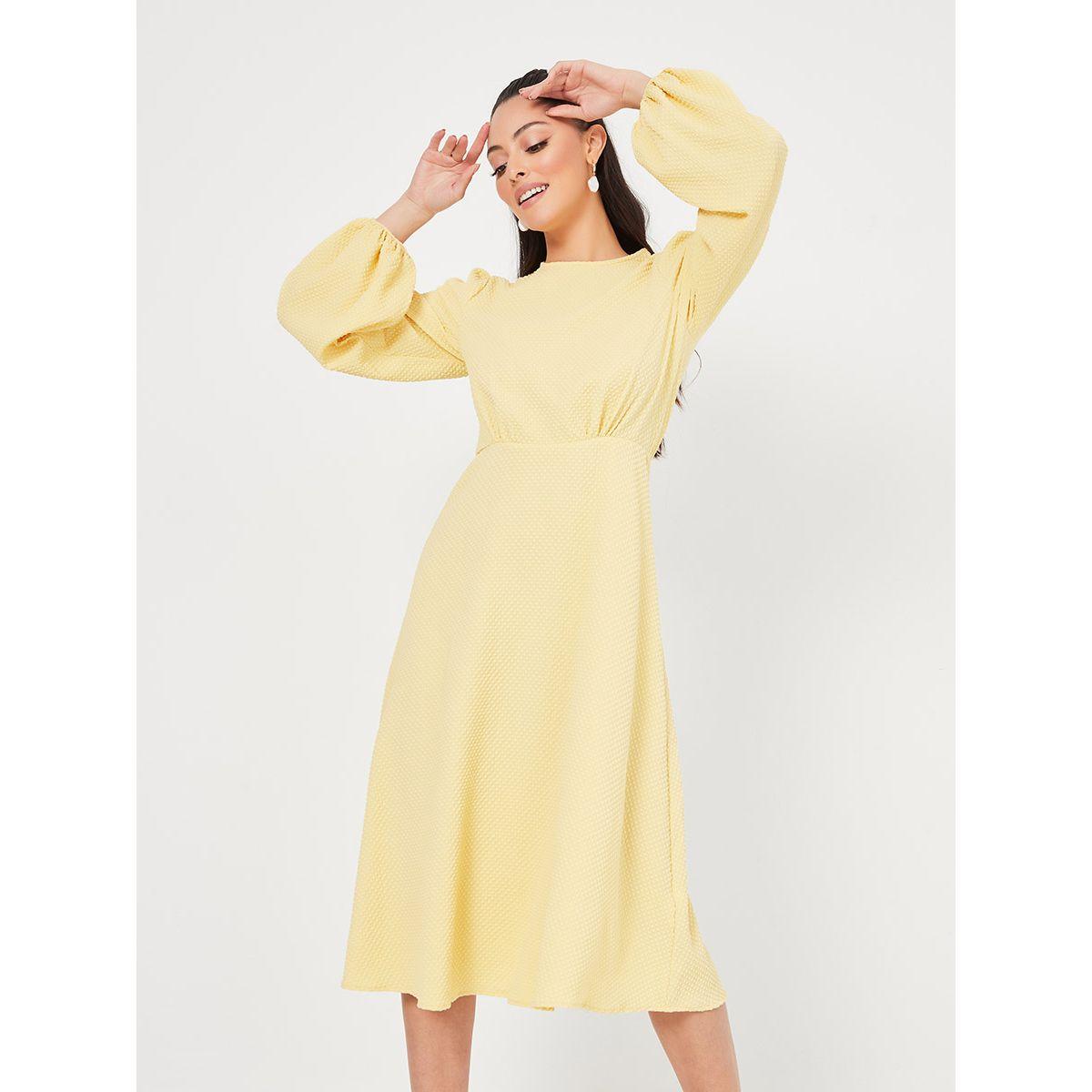 Styli Balloon Sleeves Round Neck Textured A-Line Midi Dress-women-clothing-dresses-image-2