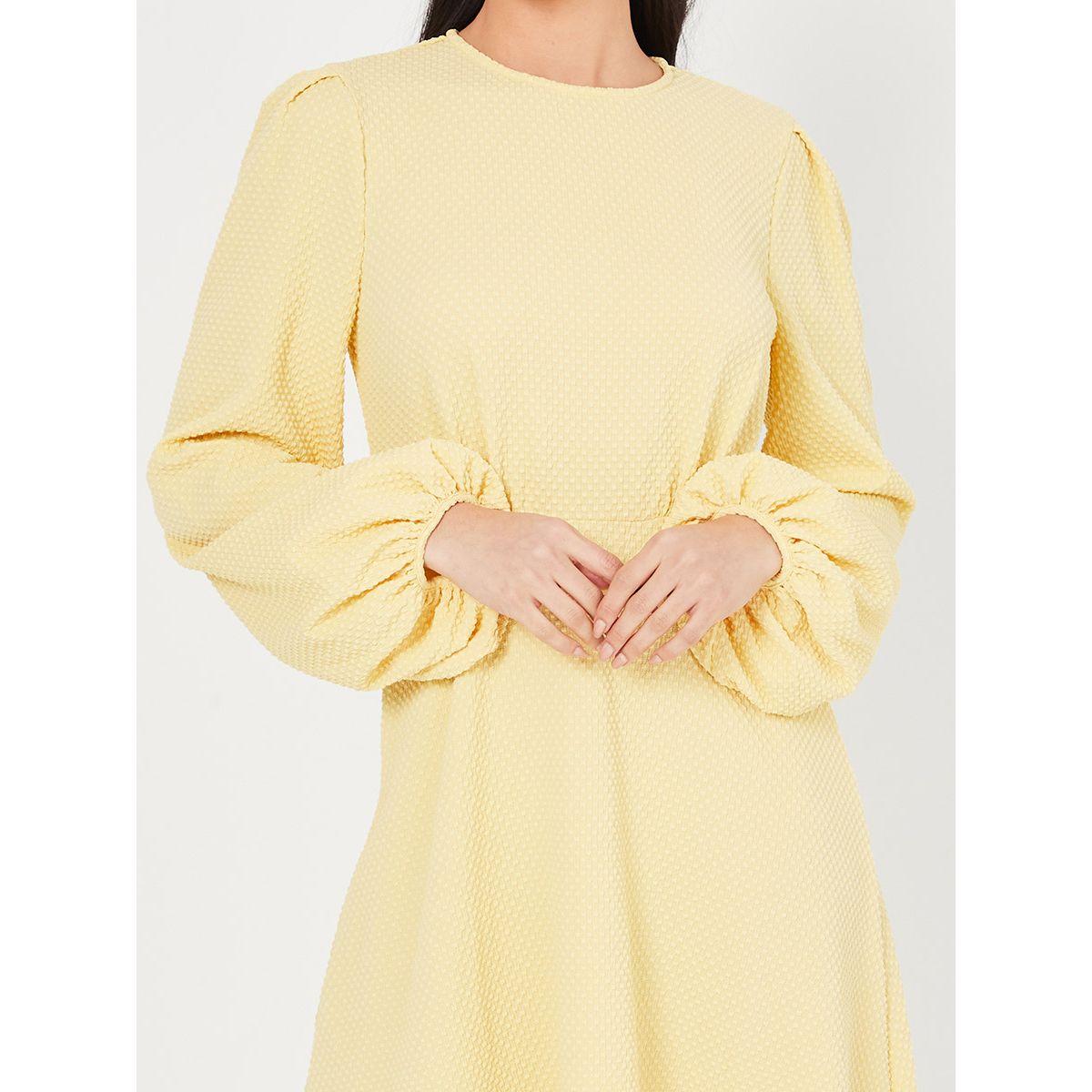 Styli Balloon Sleeves Round Neck Textured A-Line Midi Dress-women-clothing-dresses-image-3