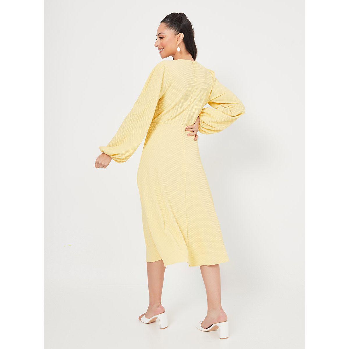 Styli Balloon Sleeves Round Neck Textured A-Line Midi Dress-women-clothing-dresses-image-4