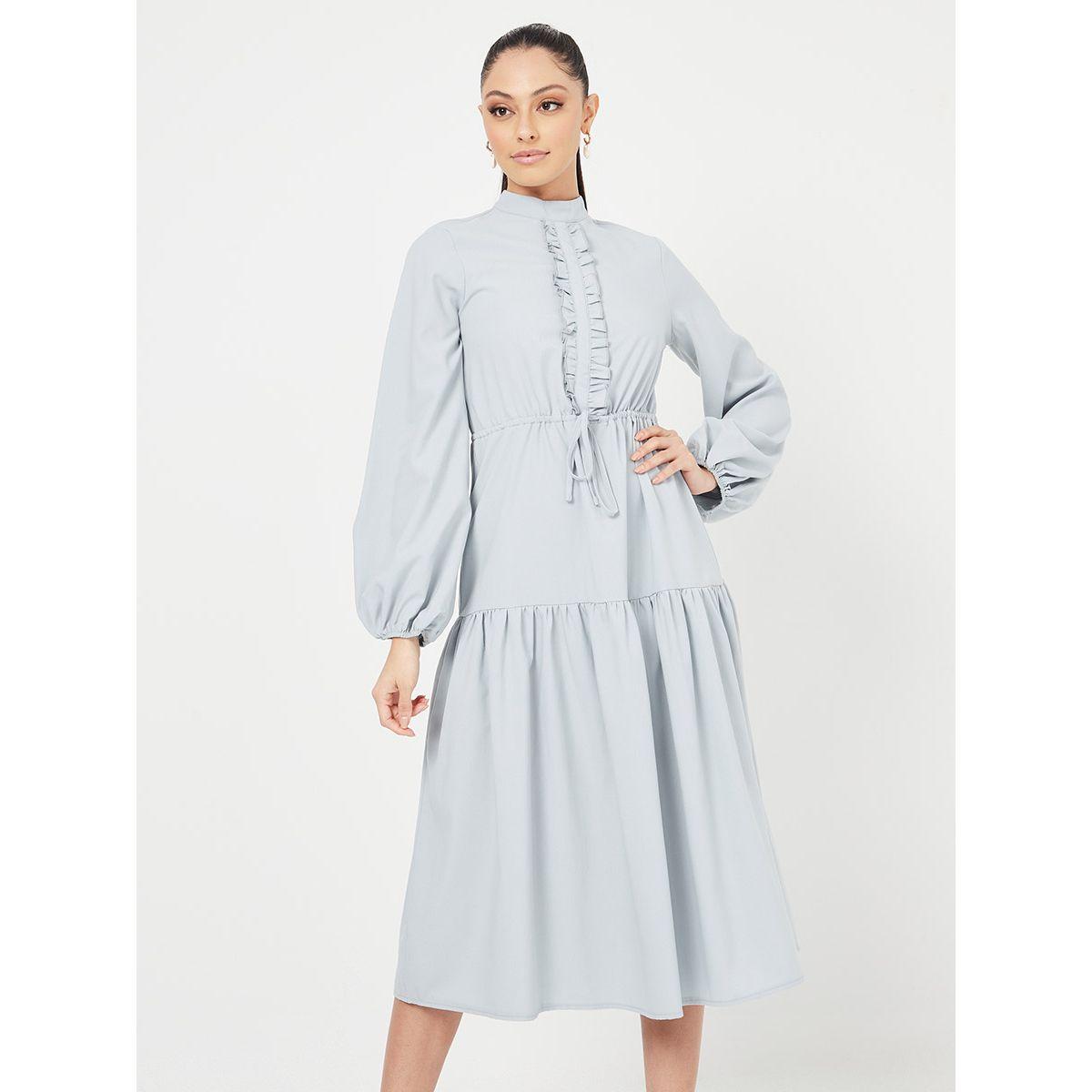 Styli Balloon Sleeves Drawstring Waist A-Line Midi Dress with Ruffle Detail-women-clothing-dresses-image-1