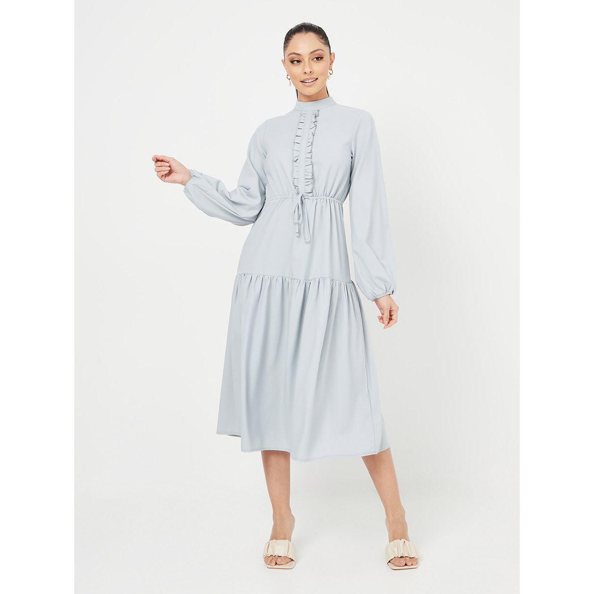 Styli Balloon Sleeves Drawstring Waist A-Line Midi Dress with Ruffle Detail-women-clothing-dresses-image-2