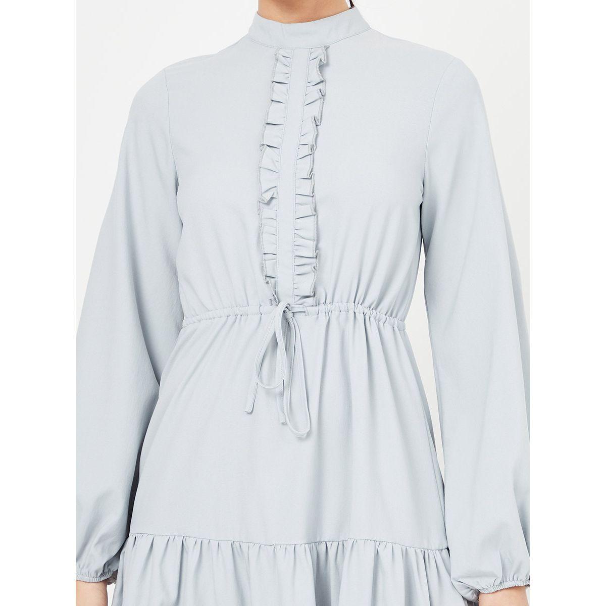 Styli Balloon Sleeves Drawstring Waist A-Line Midi Dress with Ruffle Detail-women-clothing-dresses-image-3