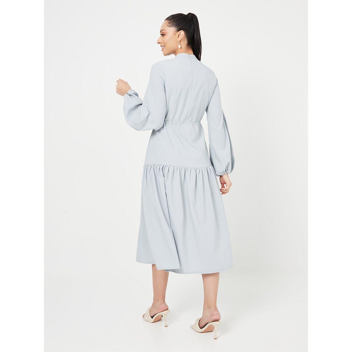 Styli Balloon Sleeves Drawstring Waist A-Line Midi Dress with Ruffle Detail-women-clothing-dresses-image-4
