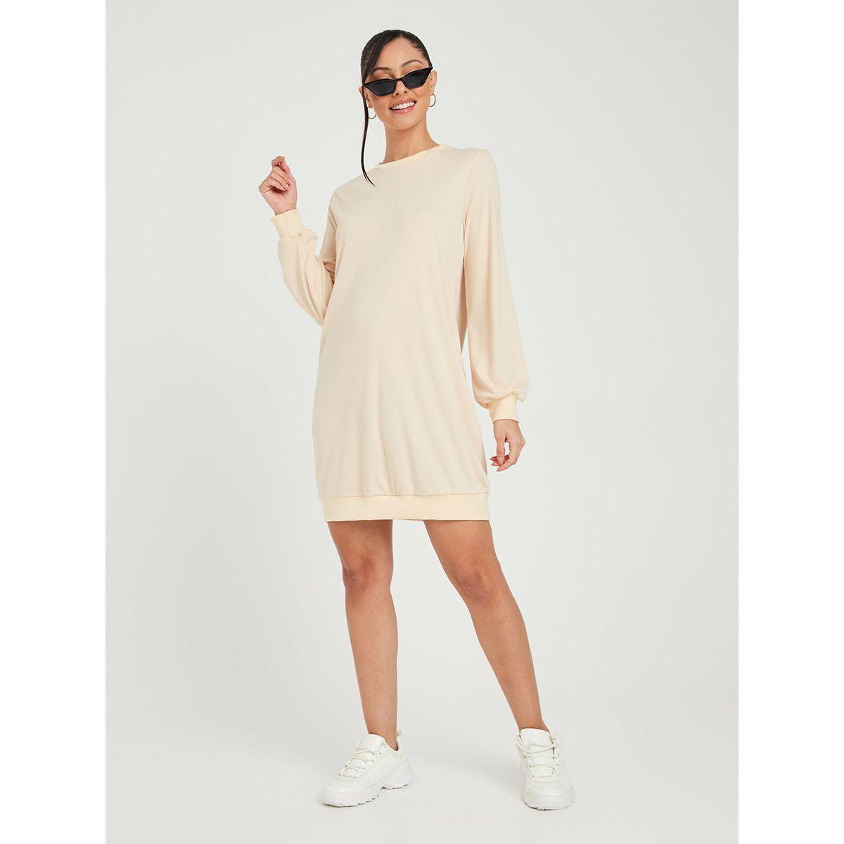 Styli Cuffed Sleeves Round Neck Knit T-shirt Mini Dress-women-clothing-dresses-image-2