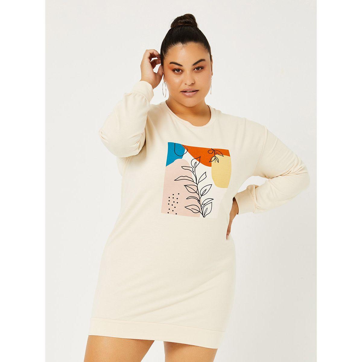 Styli Plus Long Sleeves Graphic Print Sweater Mini Dress-women-clothing-dresses-image-1
