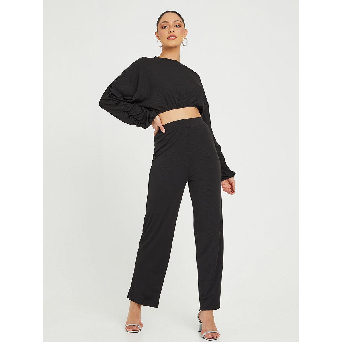 Styli Ruched Sleeve Detail Crop Top and Straight Leg Pants Co-Ord Set-women-clothing-coordsets-image-1