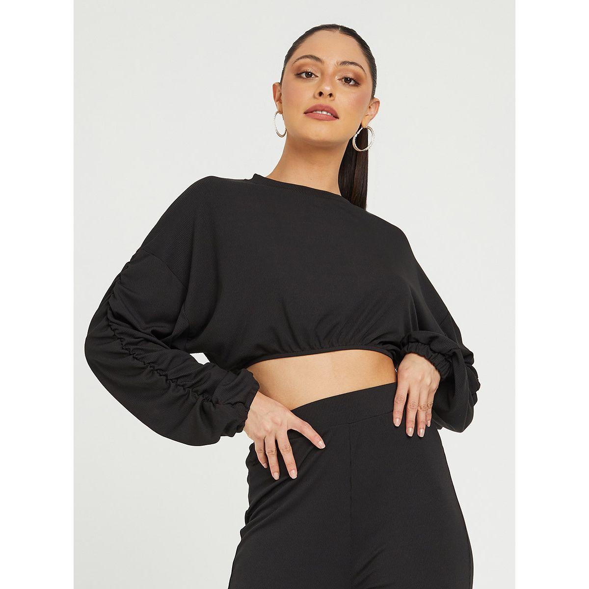 Styli Ruched Sleeve Detail Crop Top and Straight Leg Pants Co-Ord Set-women-clothing-coordsets-image-2