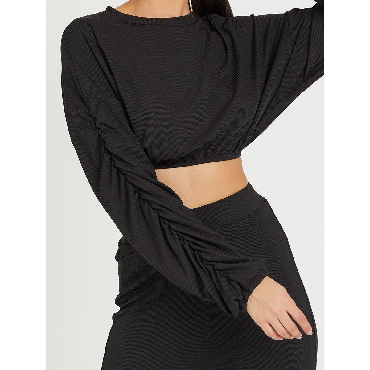 Styli Ruched Sleeve Detail Crop Top and Straight Leg Pants Co-Ord Set-women-clothing-coordsets-image-4