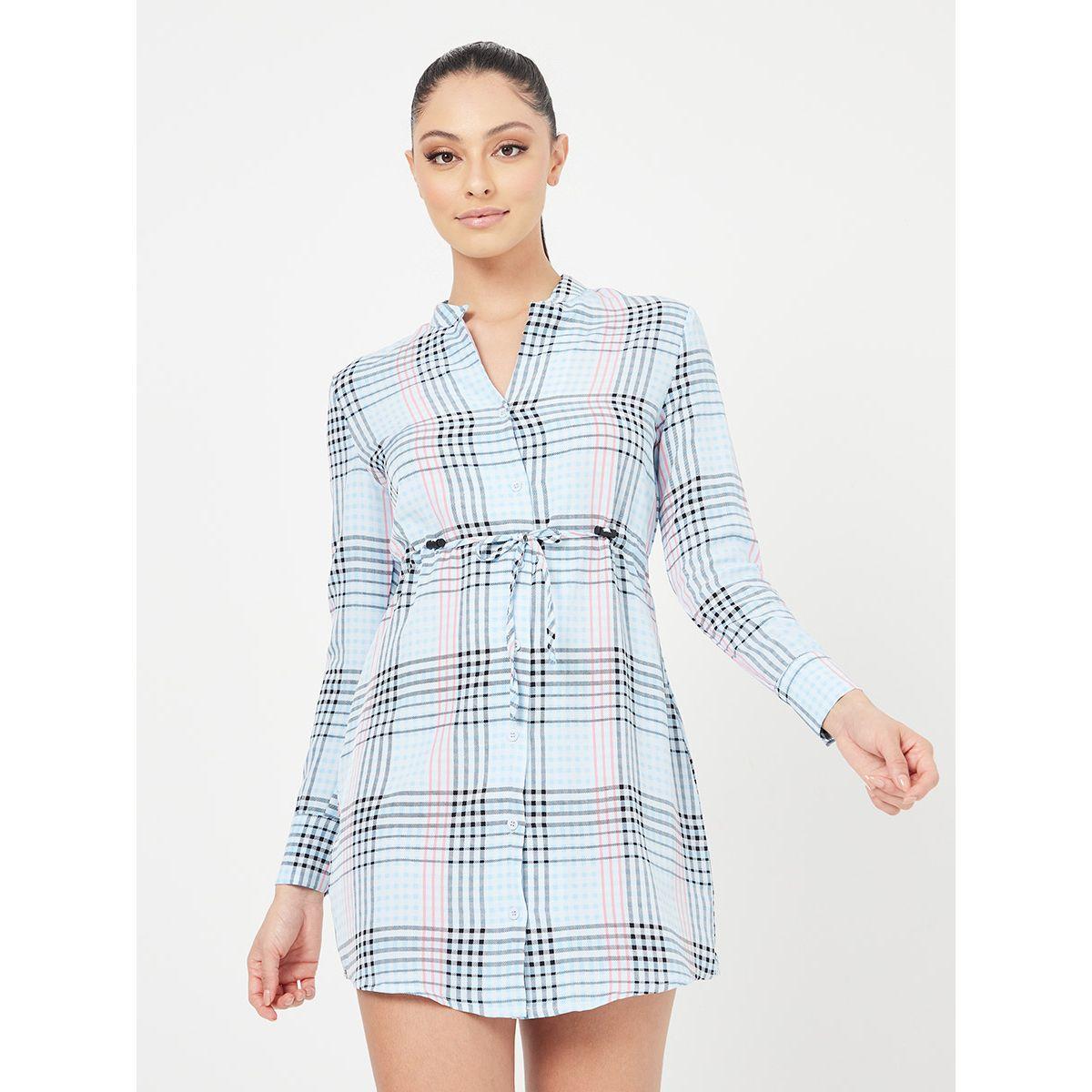 Styli Long Sleeves Collar Neck Checked Print Mini Dress-women-clothing-dresses-image-1