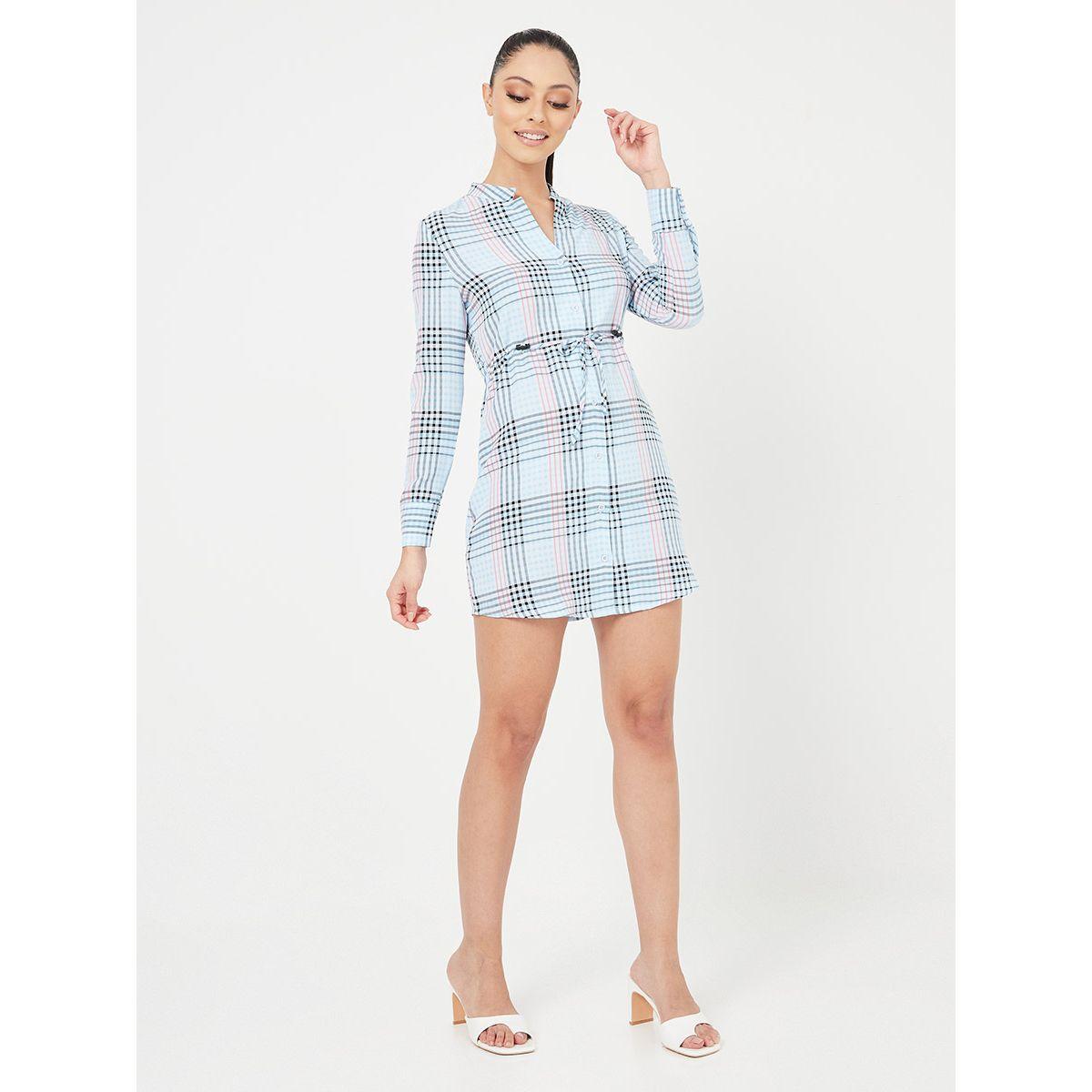 Styli Long Sleeves Collar Neck Checked Print Mini Dress-women-clothing-dresses-image-2