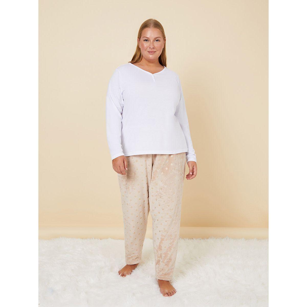 Styli Plus Jersey Henley T-shirt and Gold Foil Print Pyjama Set-women-clothing-nightwear-pyjamas-longsets-image-1