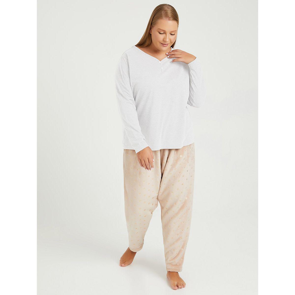 Styli Plus Jersey Henley T-shirt and Gold Foil Print Pyjama Set-women-clothing-nightwear-pyjamas-longsets-image-2