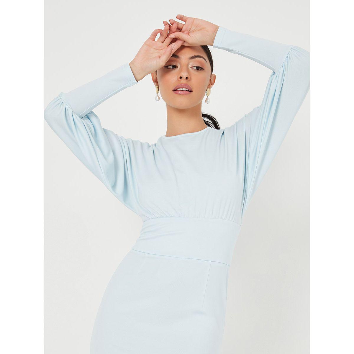 Styli Bishop Volume Sleeves Round Neck Bodycon Knee Length Dress-women-clothing-dresses-image-2