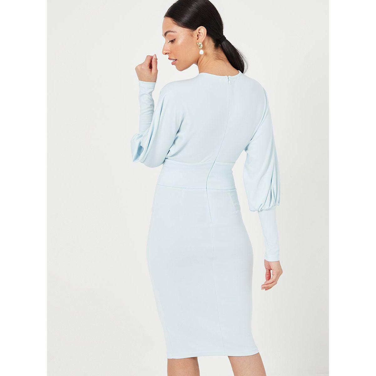 Styli Bishop Volume Sleeves Round Neck Bodycon Knee Length Dress-women-clothing-dresses-image-4