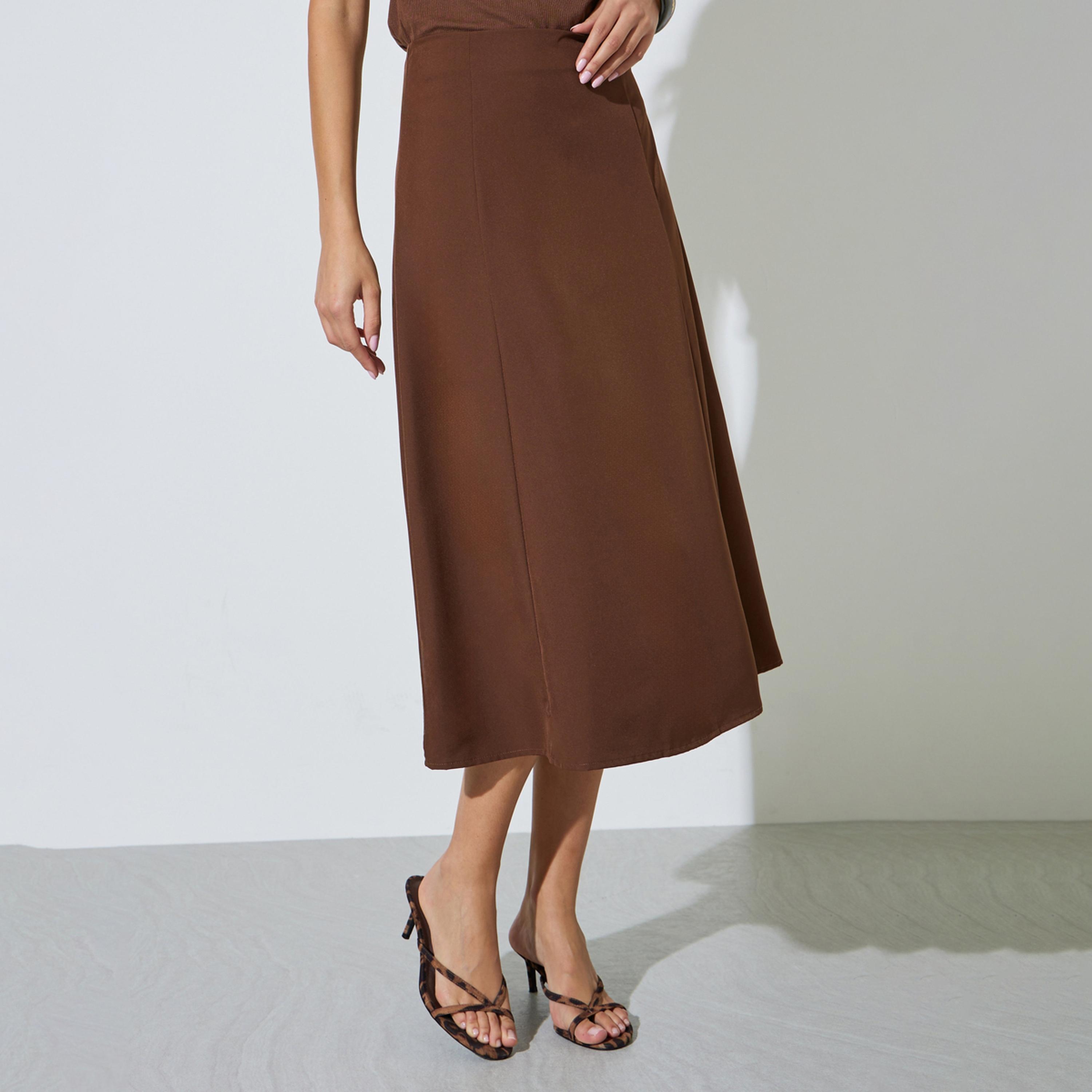 Styli Brown High Rise Solid A-Line Midi Skirt-women-clothing-skirts-image-1