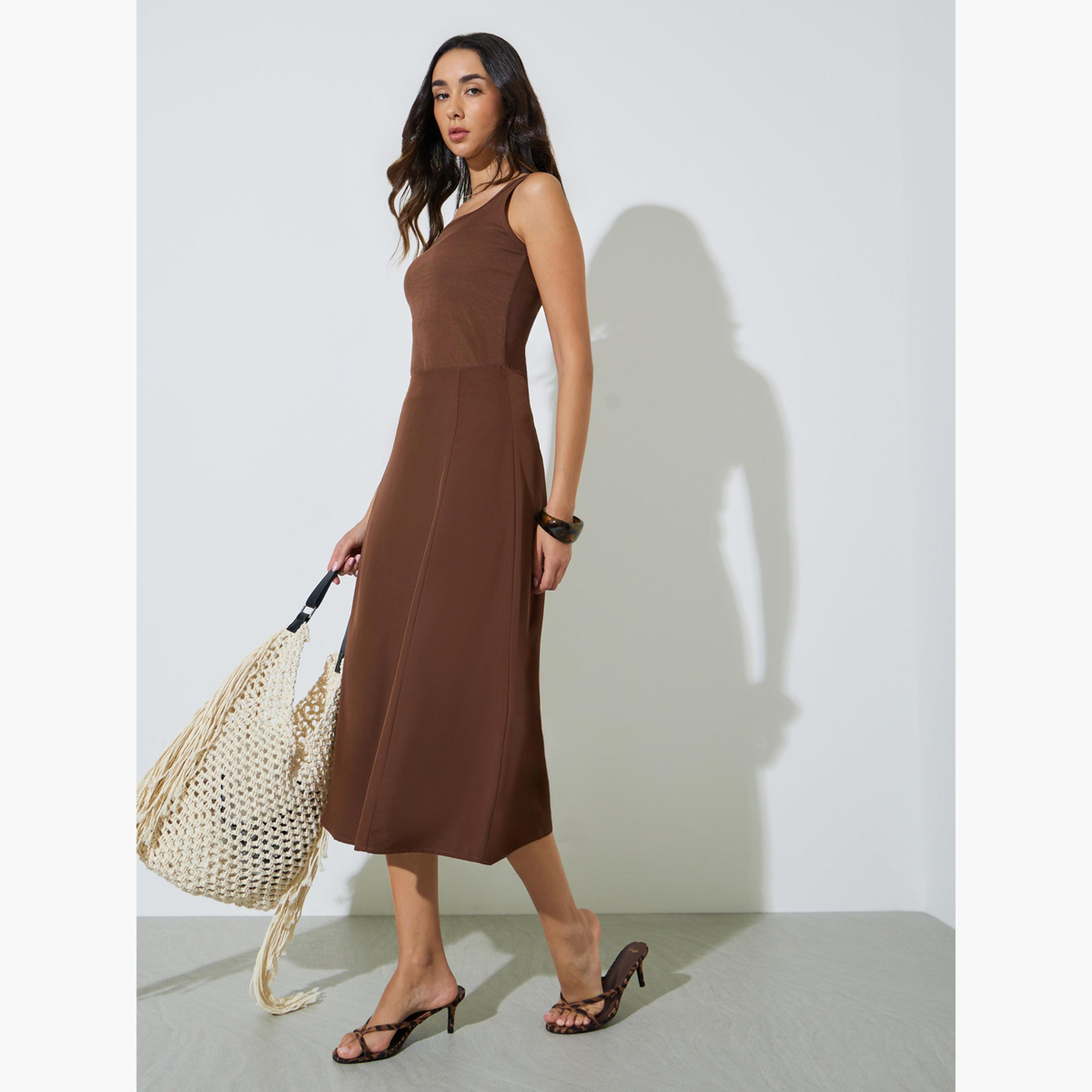 Styli Brown High Rise Solid A-Line Midi Skirt-women-clothing-skirts-image-2