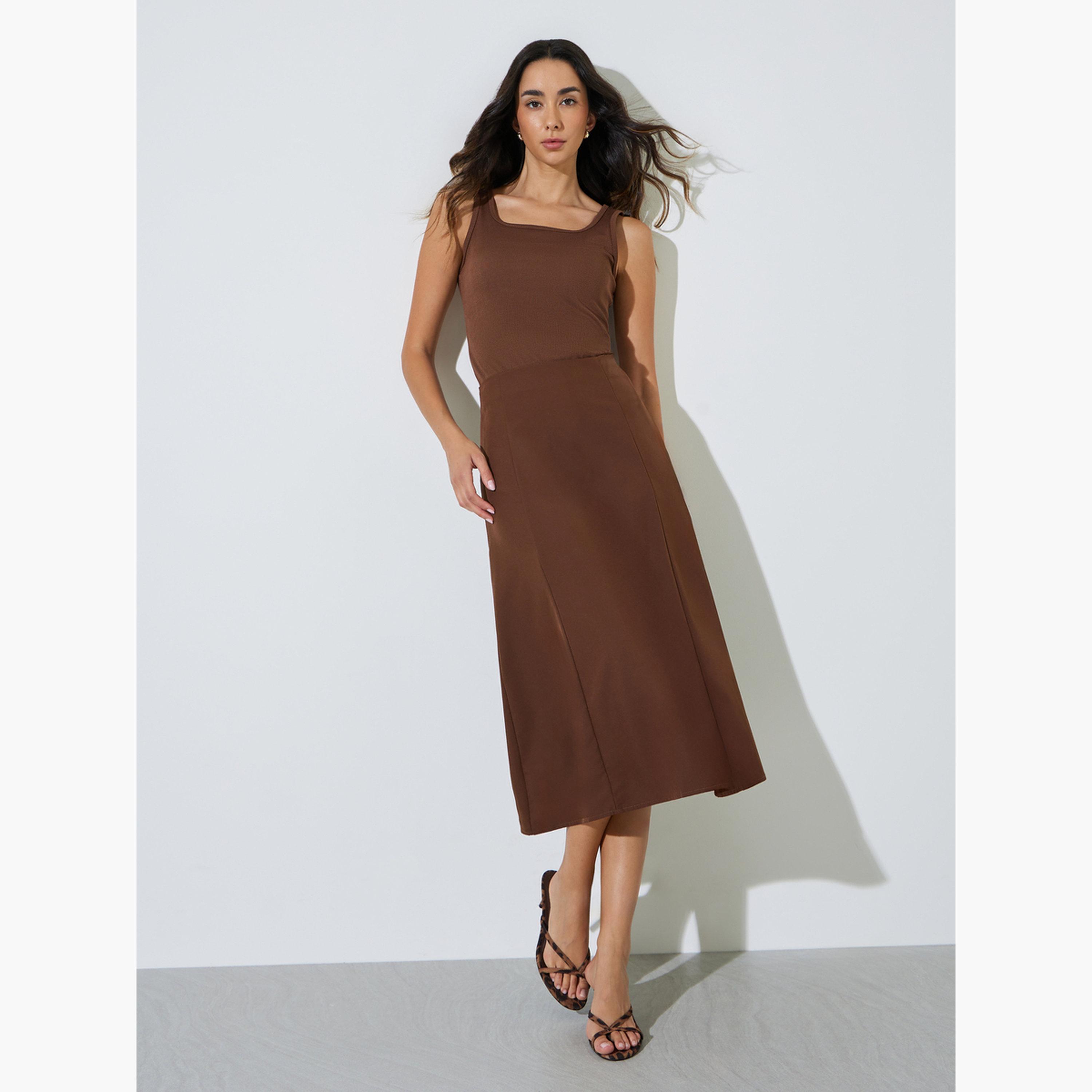 Styli Brown High Rise Solid A-Line Midi Skirt-women-clothing-skirts-image-3