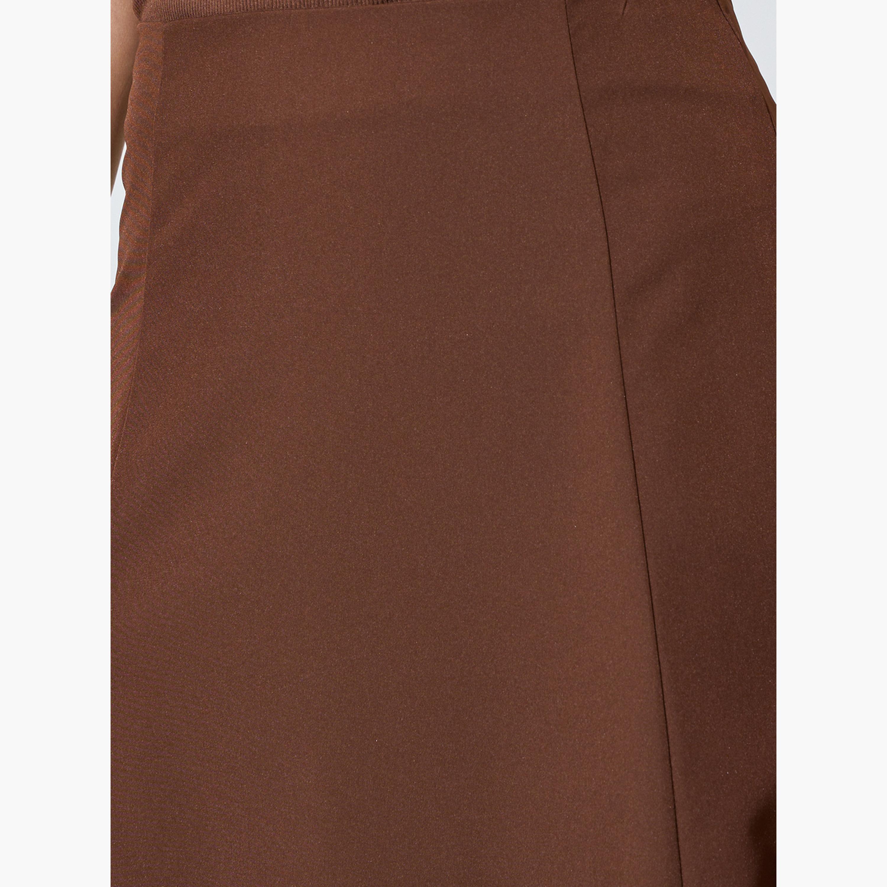 Styli Brown High Rise Solid A-Line Midi Skirt-women-clothing-skirts-image-4