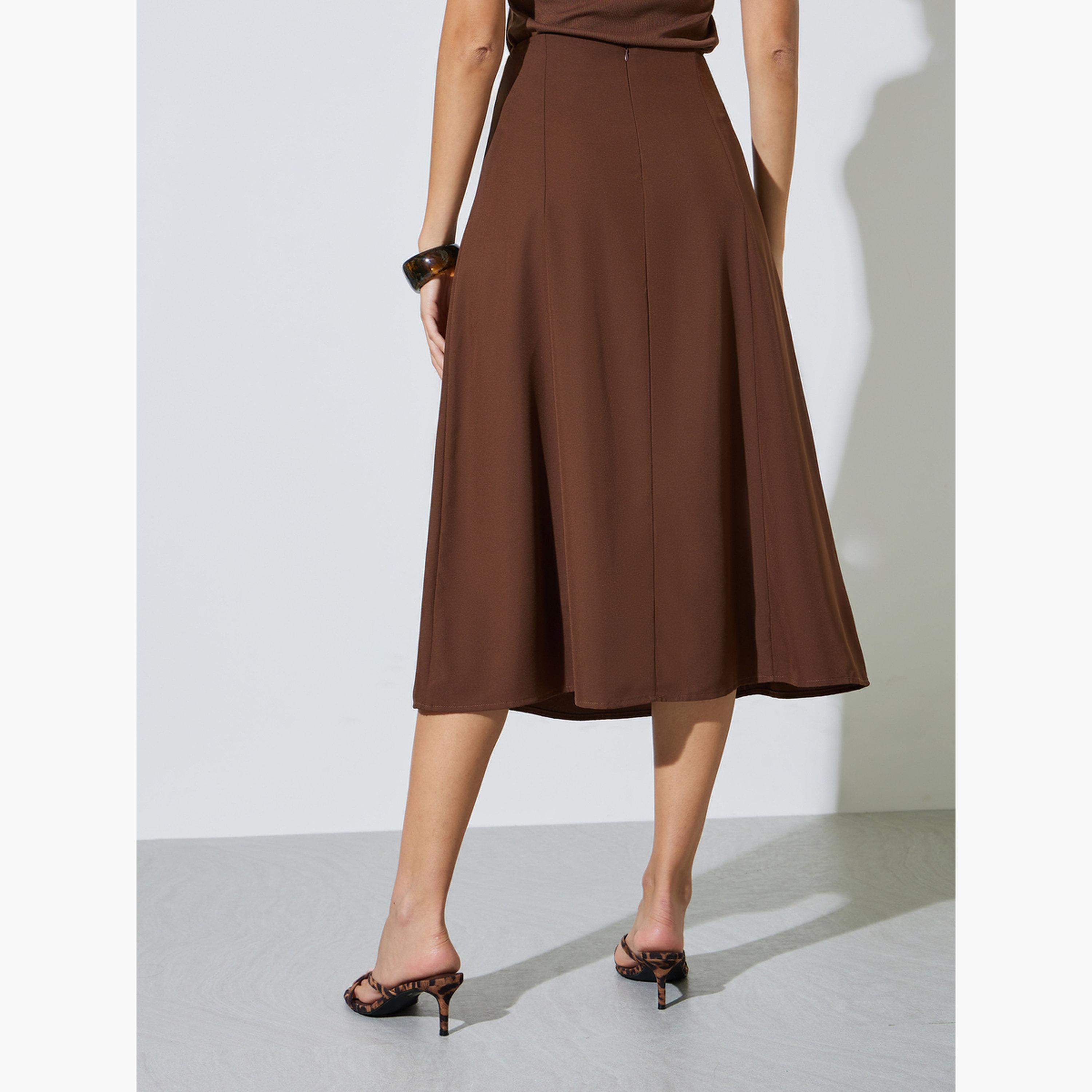 Styli Brown High Rise Solid A-Line Midi Skirt-women-clothing-skirts-image-5