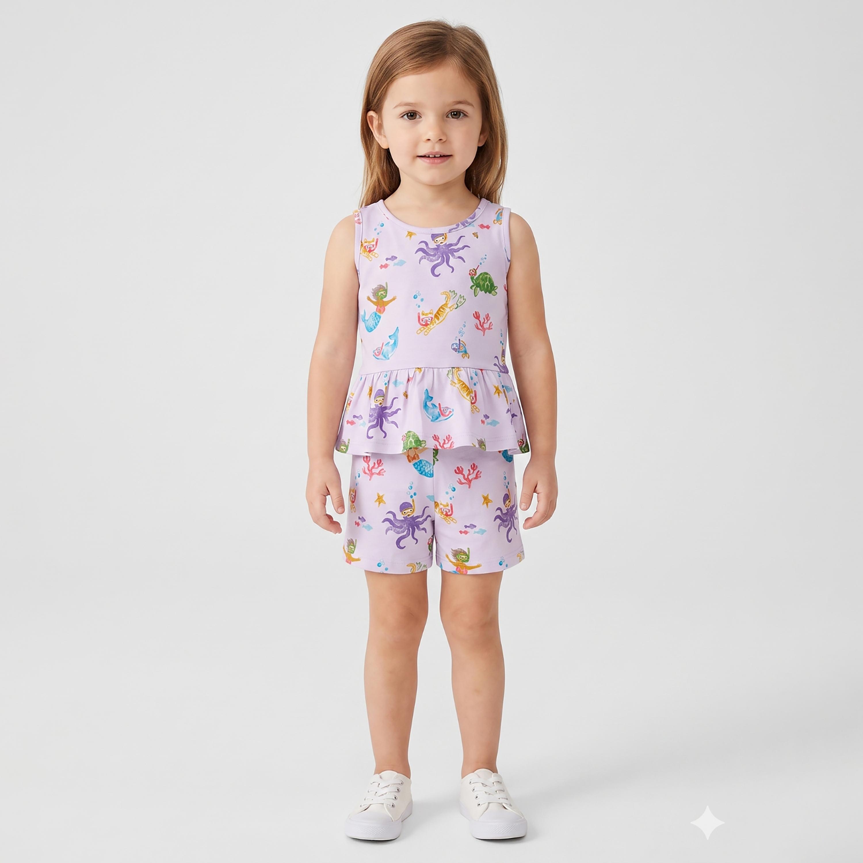 Babyqlo Mermaid Print Sleeveless Peplum Top & Shorts Set-baby-girls-clothing-setsandcoords-image-1