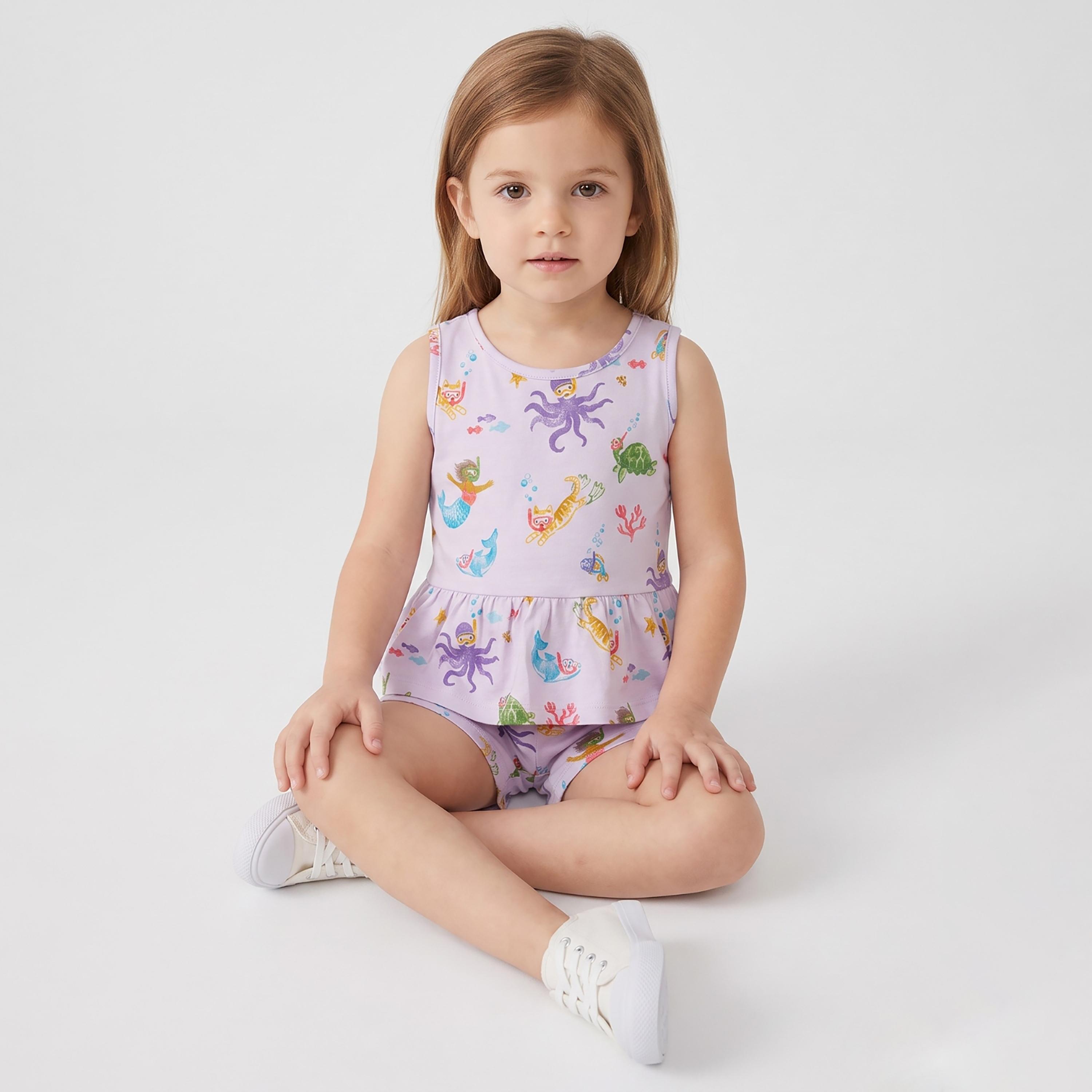 Babyqlo Mermaid Print Sleeveless Peplum Top & Shorts Set-baby-girls-clothing-setsandcoords-image-4