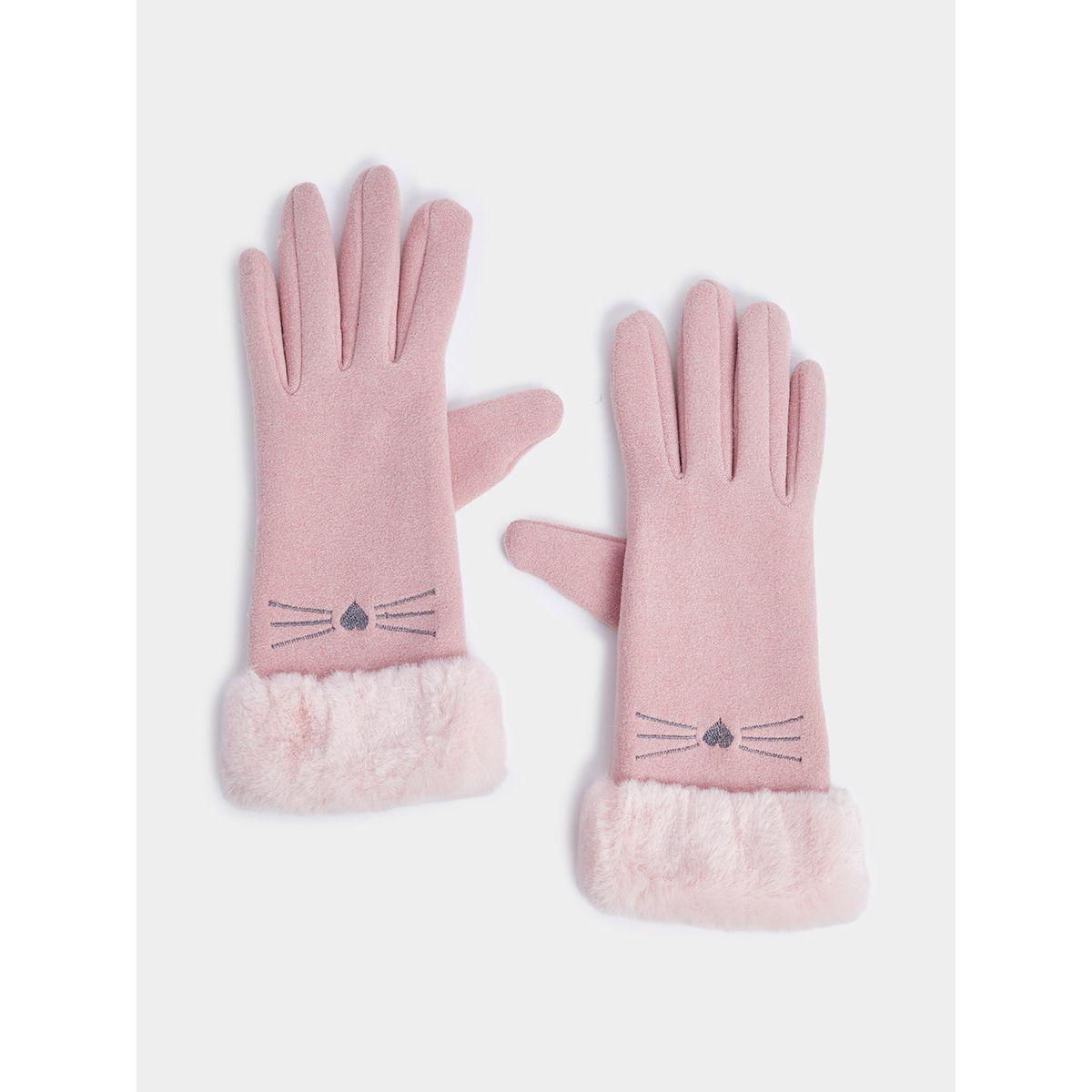 Styli Kitten Print Faux Fur Cuff Winter Touch-Screen Gloves-women-winterwear-gloves-image-1