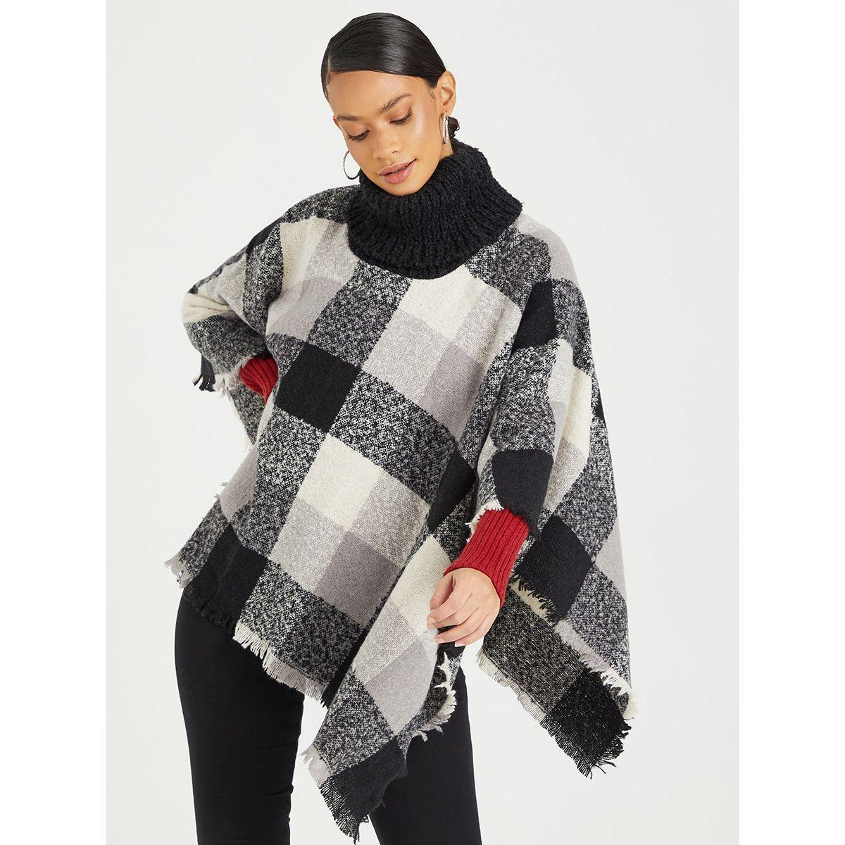 Styli Checked Turtle Neck Regular Length Cape-women-clothing-cardigansandjumpers-jumpers-image-1