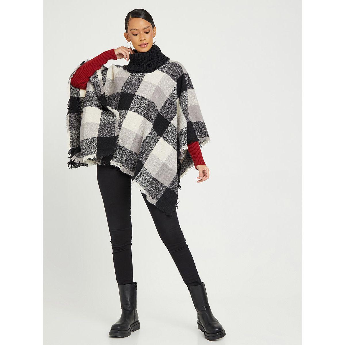 Styli Checked Turtle Neck Regular Length Cape-women-clothing-cardigansandjumpers-jumpers-image-2