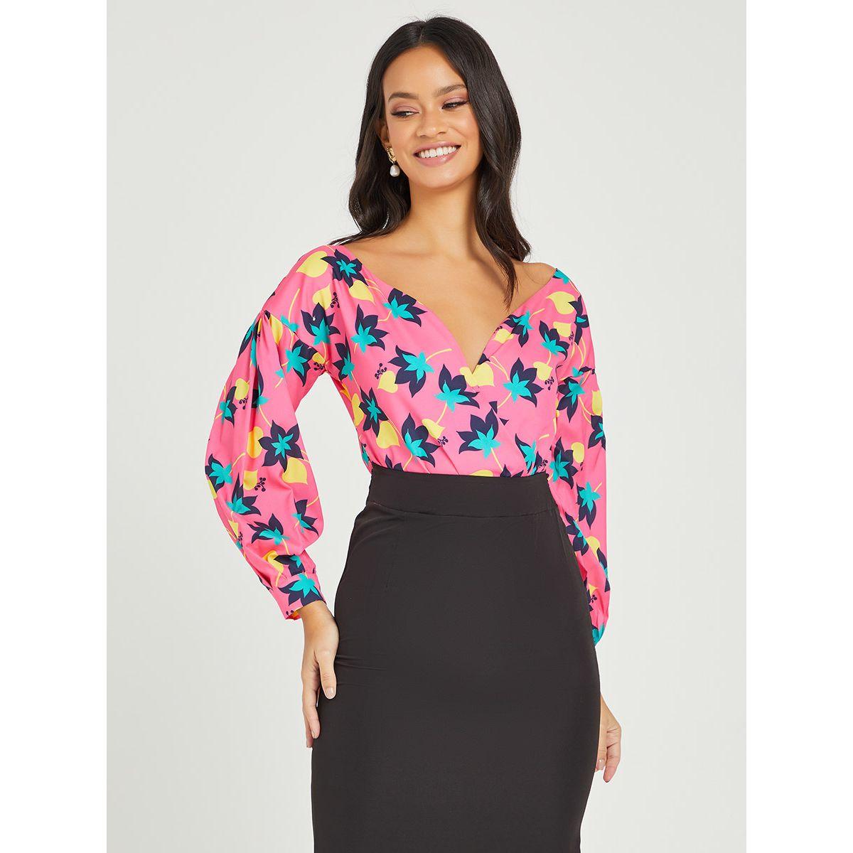 Styli Off Shoulder Long Sleeves Floral Print Knee Length Dress-women-clothing-dresses-image-2
