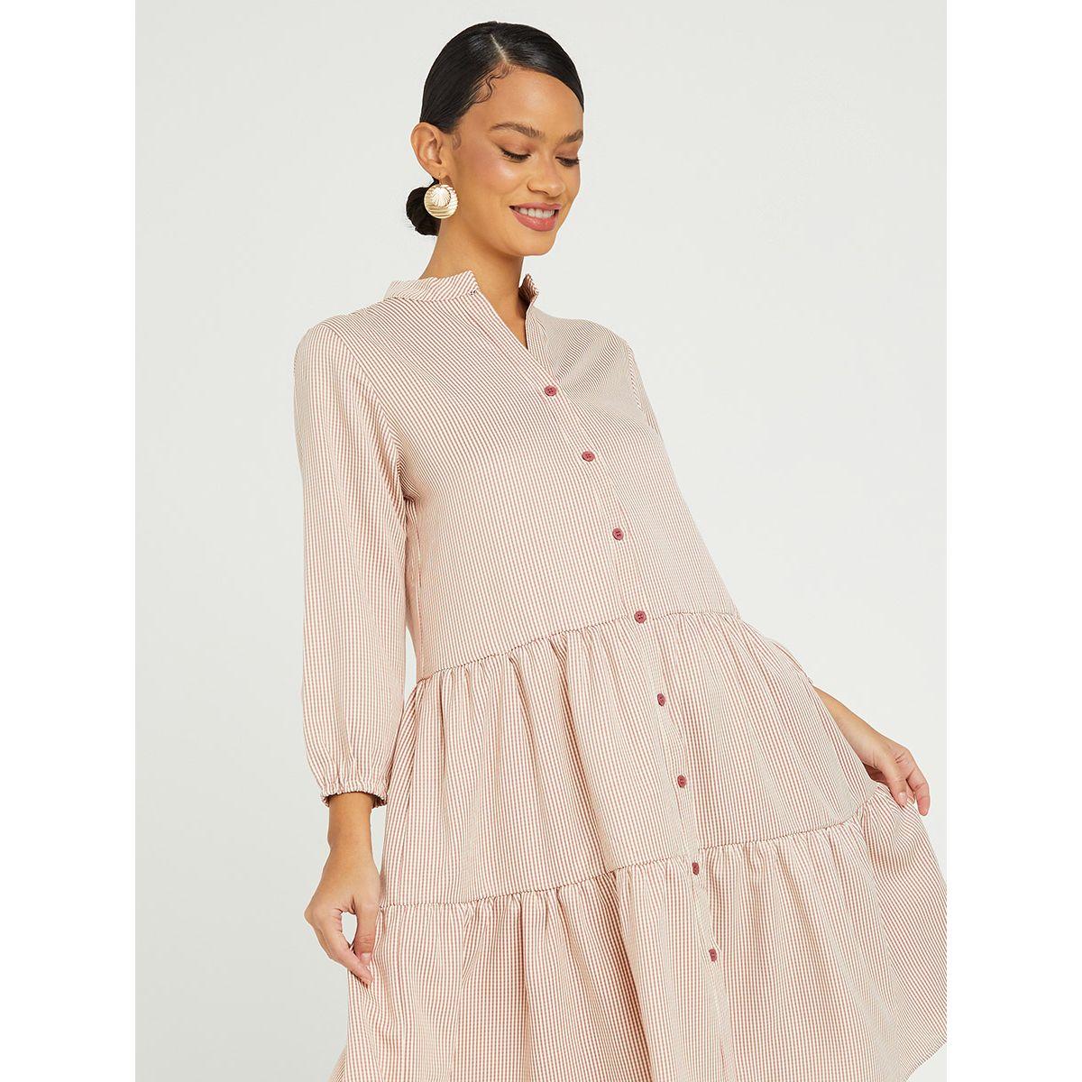 Styli 3/4 Sleeves Gingham Check Tiered Knee Length Dress-women-clothing-dresses-image-2