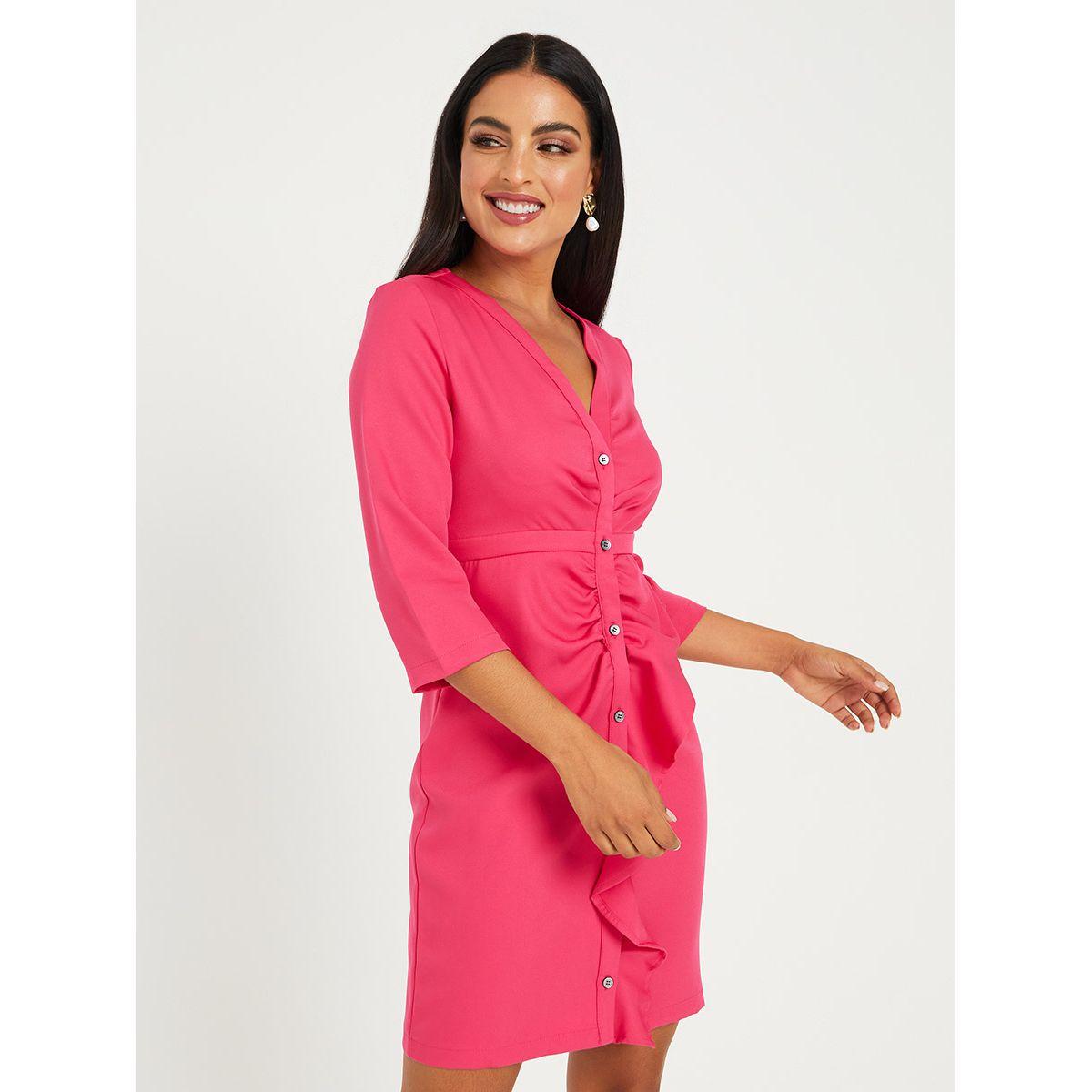 Styli 3/4 Sleeves Ruffle Detail Shift Mini Dress with Button Closure-women-clothing-dresses-image-1