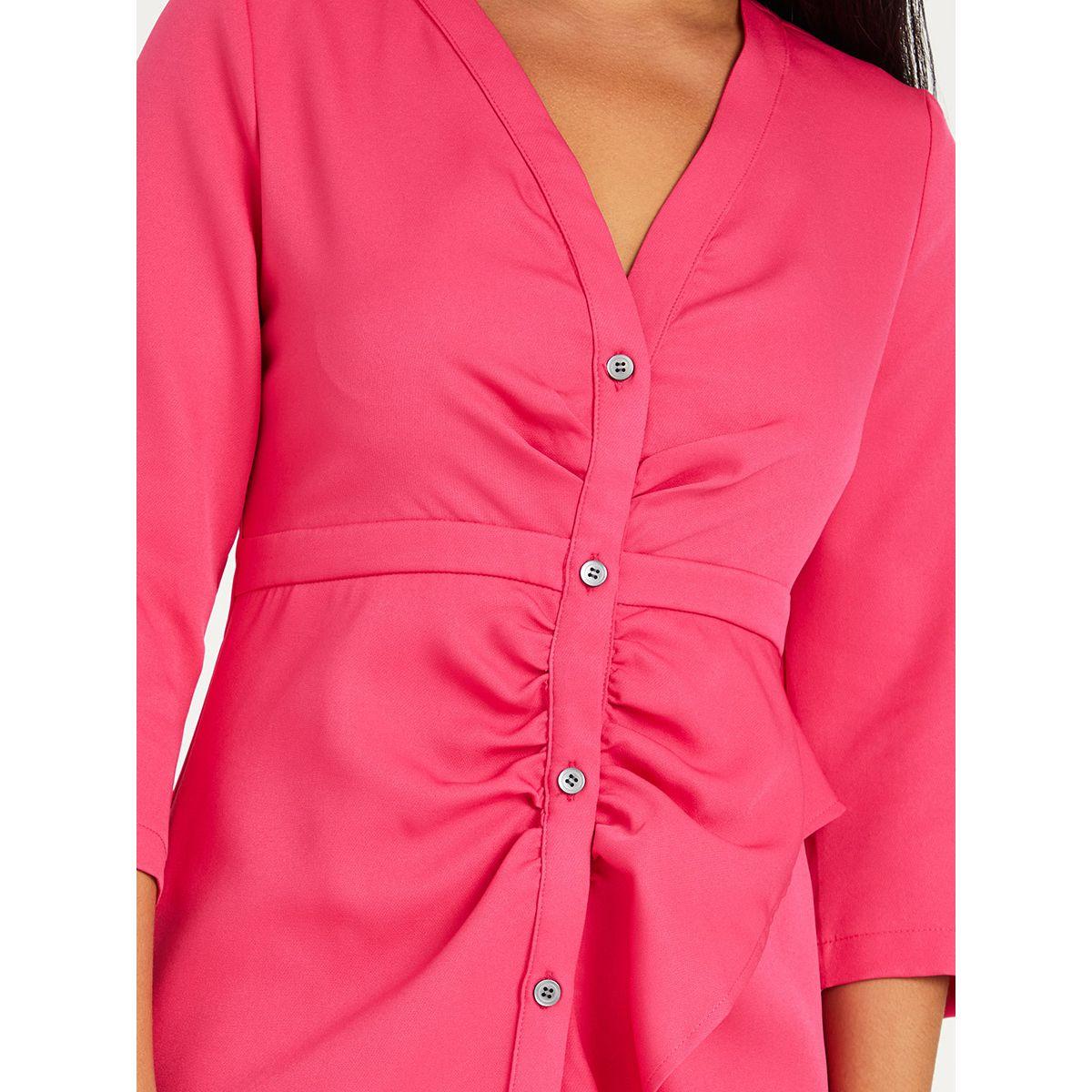 Styli 3/4 Sleeves Ruffle Detail Shift Mini Dress with Button Closure-women-clothing-dresses-image-3