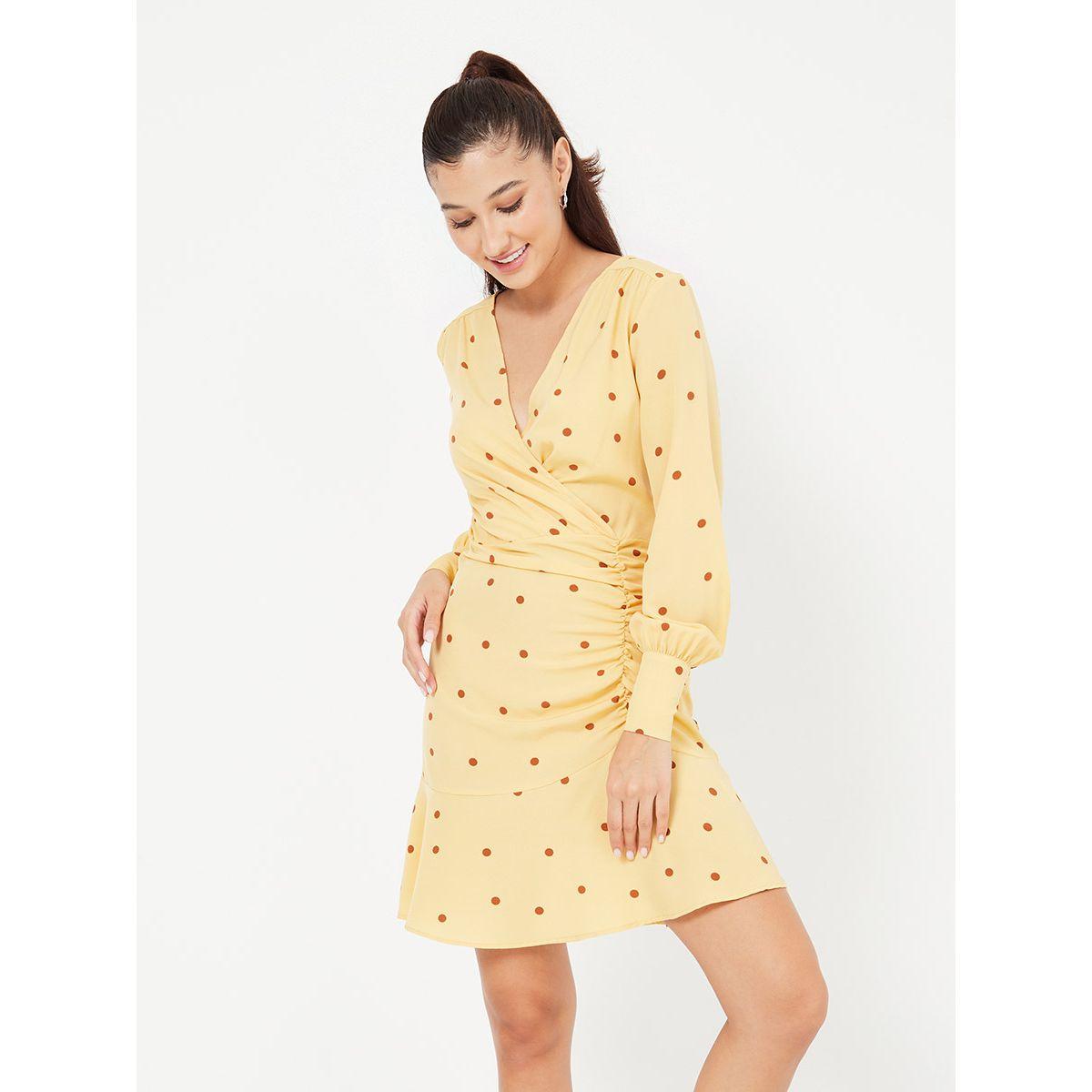 Styli Cuffed Sleeves Polka Dot Woven Mini Dress with Wrap Front Detail-women-clothing-dresses-image-1