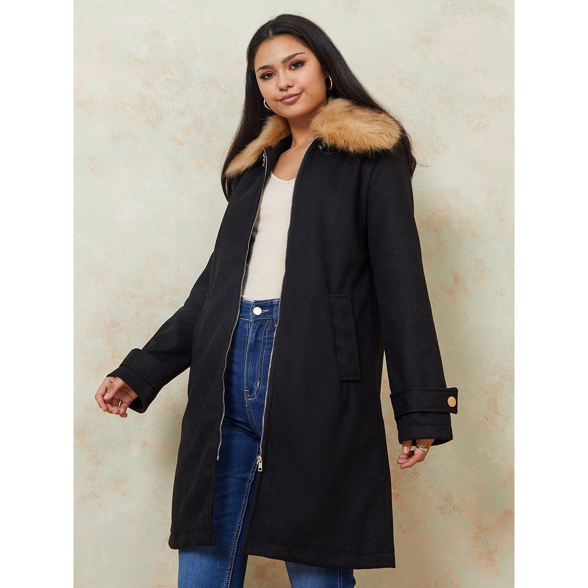 Styli Faux Fur Collar Longline Wool Like Coat with Front Zip-women-winterwear-coatsandjackets-coats-image-1
