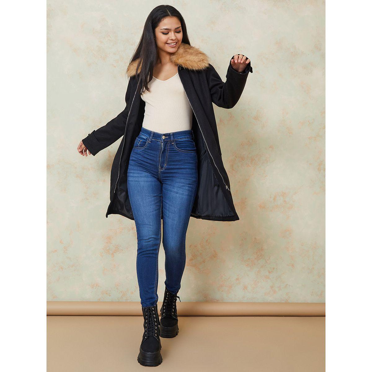 Styli Faux Fur Collar Longline Wool Like Coat with Front Zip-women-winterwear-coatsandjackets-coats-image-2
